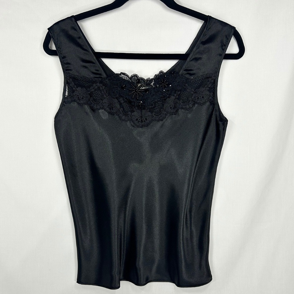 Vintage Escapades Black Satin Lace Beaded Camisole Tank Top – Y2K Cami Small